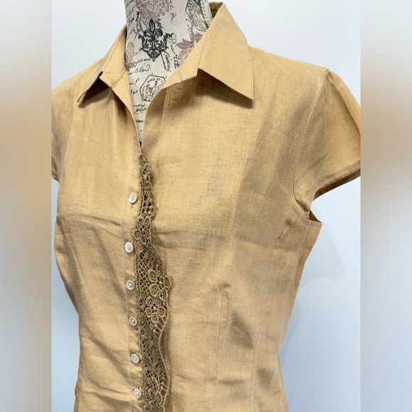 HAROLD’S Tan linen lace front‎ blouse size M. - Picture 2 of 12